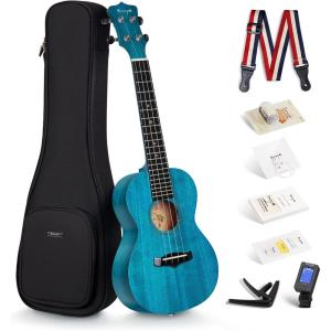 imageEnya Concert Ukulele 23 Inch Blue Solid Mahogany Top with Ukulele Starter Kit Includes Online Lessons TunerCase Strap Strings Capo Sand Shaker PickPolish Cloth EUC25D BUConcert blue