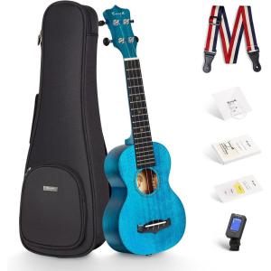 imageEnya Concert Ukulele 23 Inch Blue Solid Mahogany Top with Ukulele Starter Kit Includes Online Lessons TunerCase Strap Strings Capo Sand Shaker PickPolish Cloth EUC25D BUSoprano blue